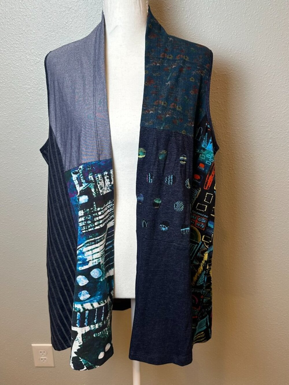 NWT Parsley & Sage Patchwork Open Vest L Boho Wearable Art Lagenlook Indigo Blue